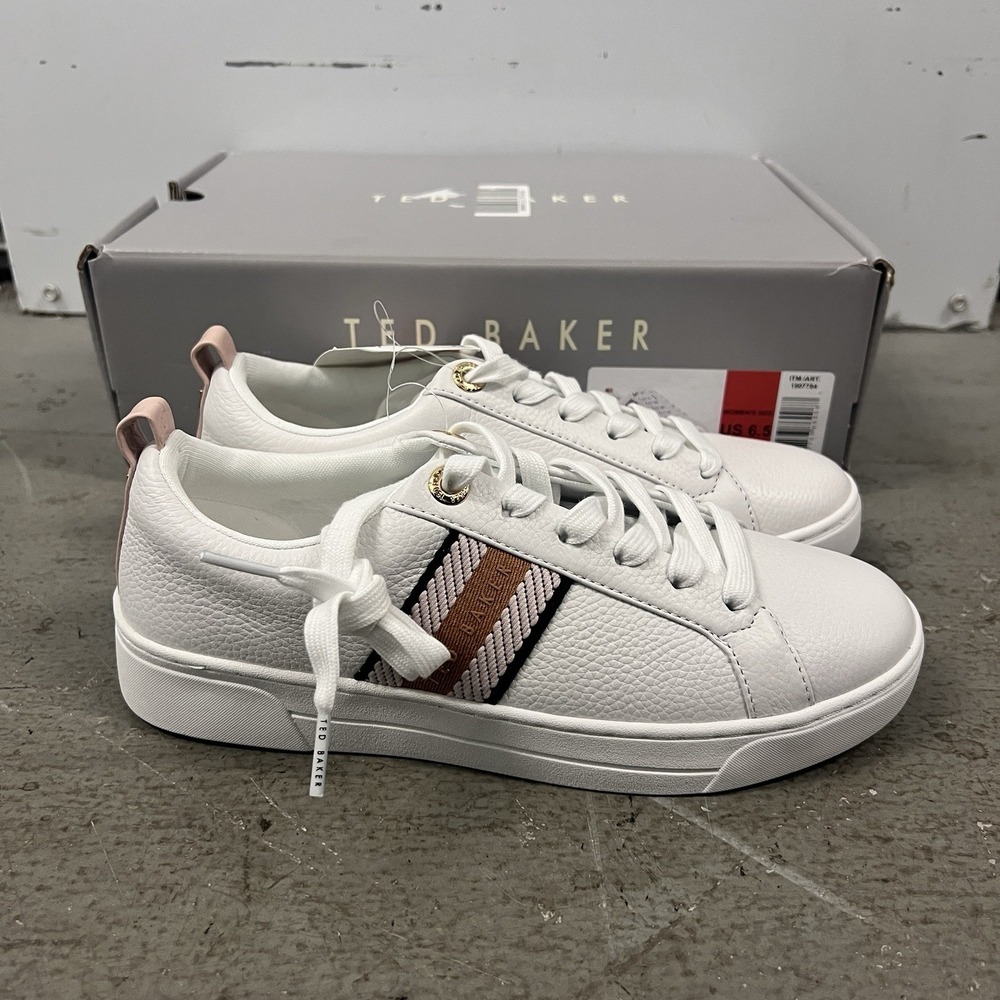 Ted Baker Women's White Leather Sneakers Pink Stripe Low Top Shoes US 6.5 NIB